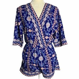 Japna Surplice Floral Shorts Romper S Blue Pockets